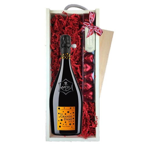 Veuve Clicquot La Grande Dame 2012 Champagne 75cl & Chocolate Praline Hearts, Wooden Box